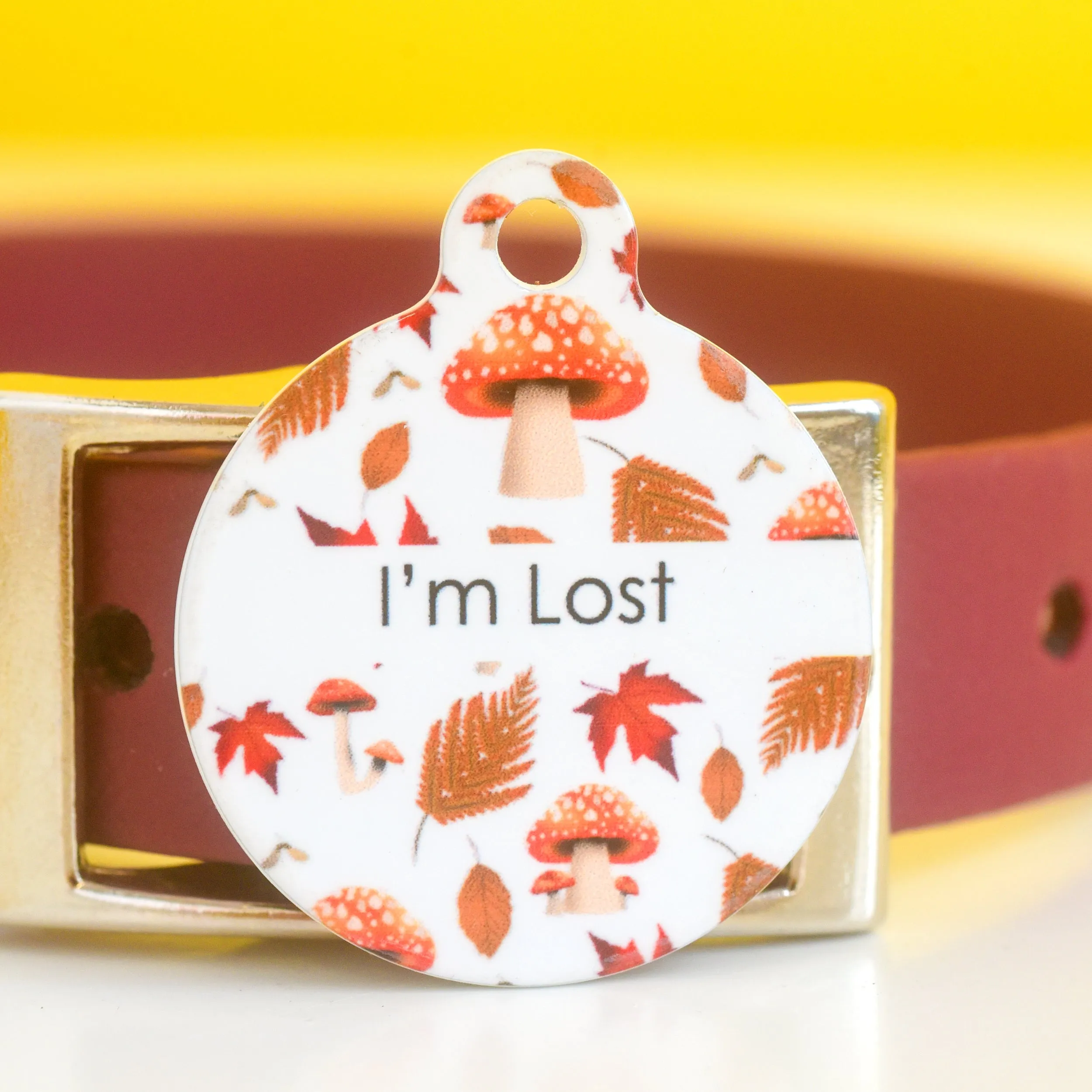 Dog Tag Personalised - Autumn Mushrooms White