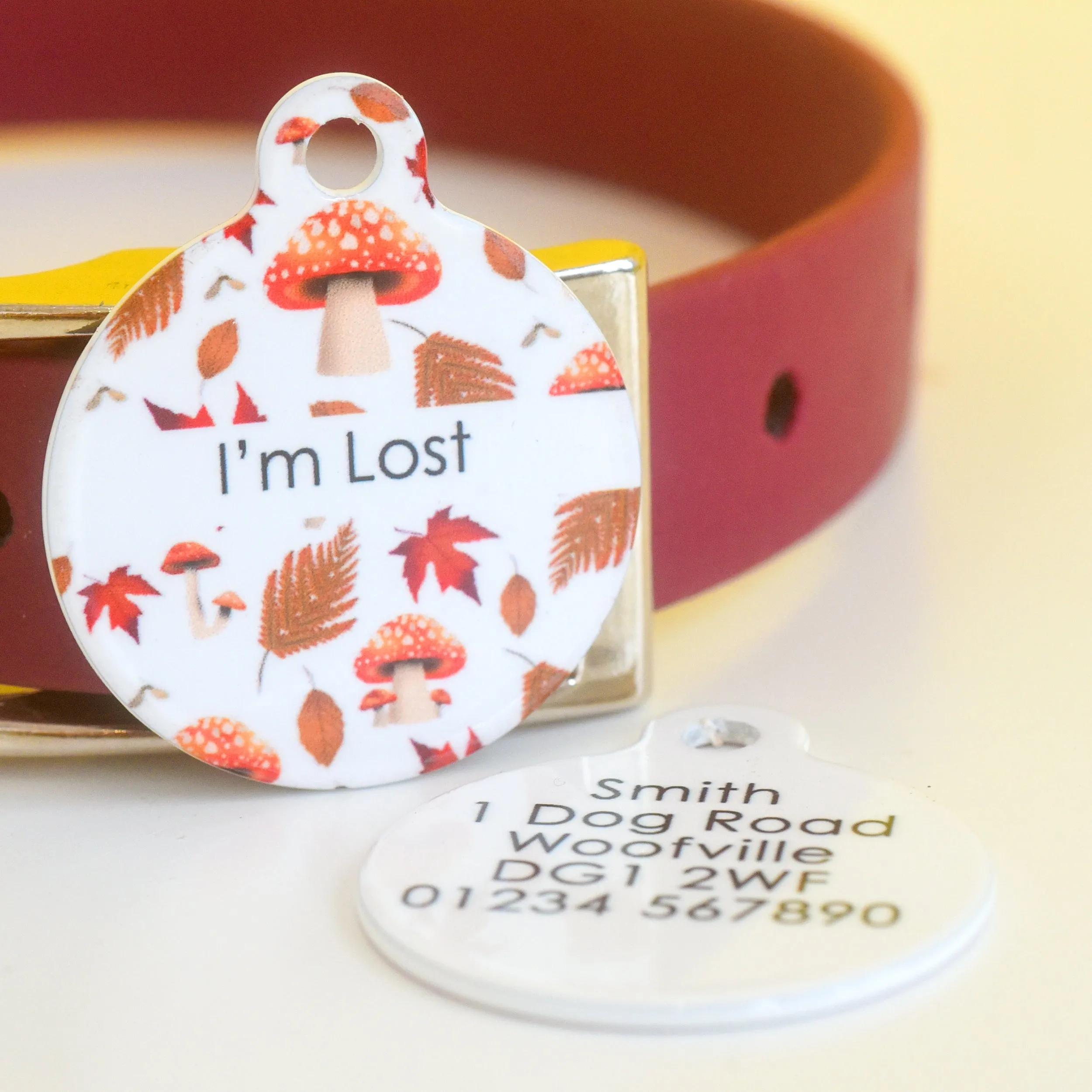 Dog Tag Personalised - Autumn Mushrooms White