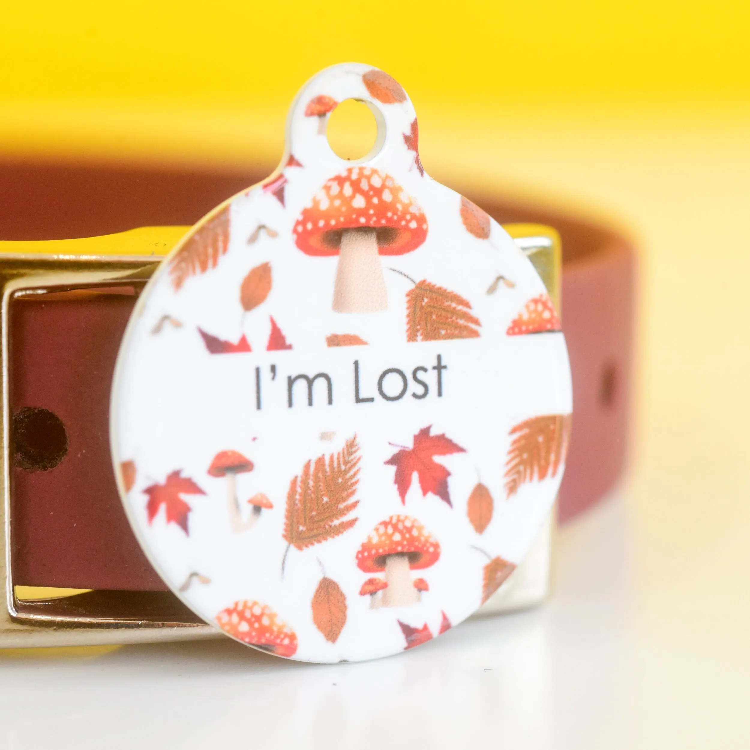 Dog Tag Personalised - Autumn Mushrooms White