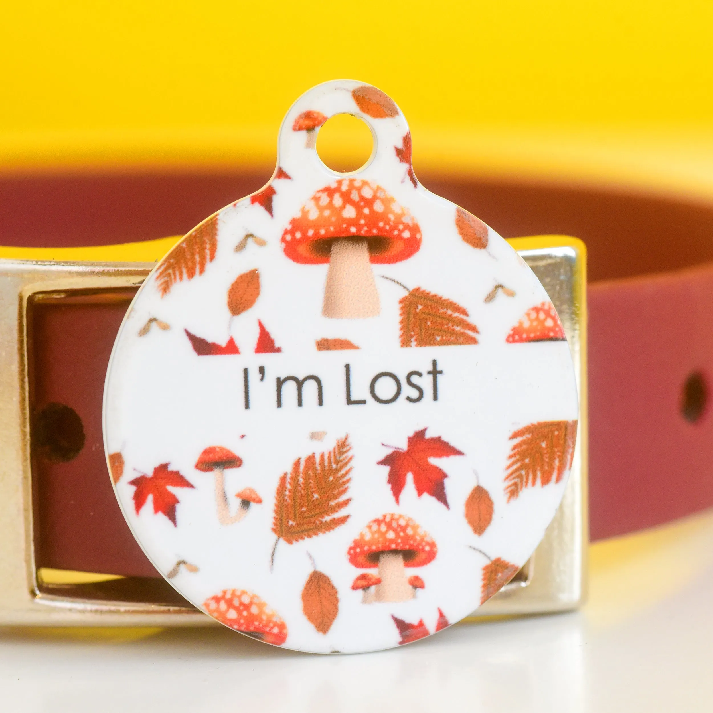 Dog Tag Personalised - Autumn Mushrooms White