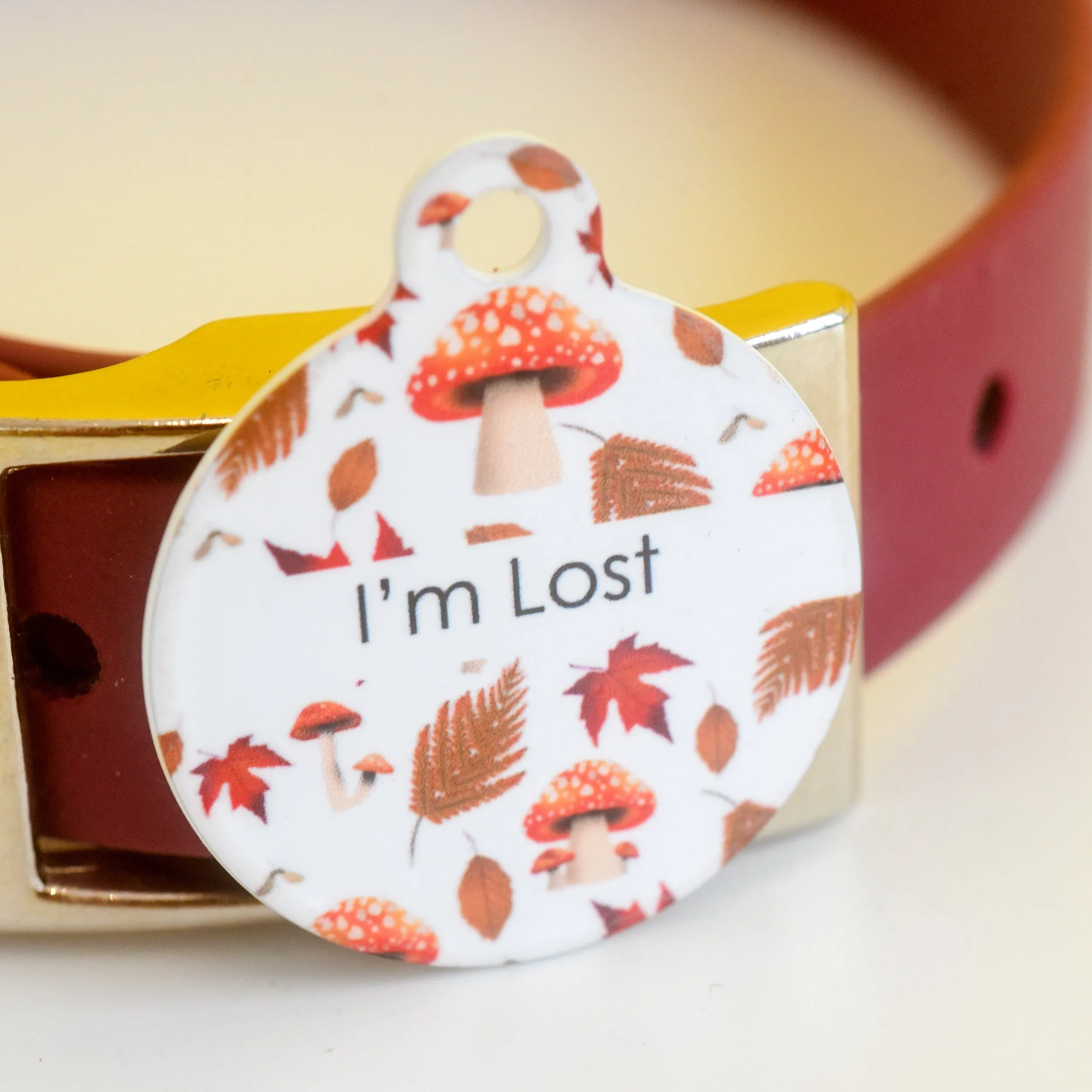 Dog Tag Personalised - Autumn Mushrooms White